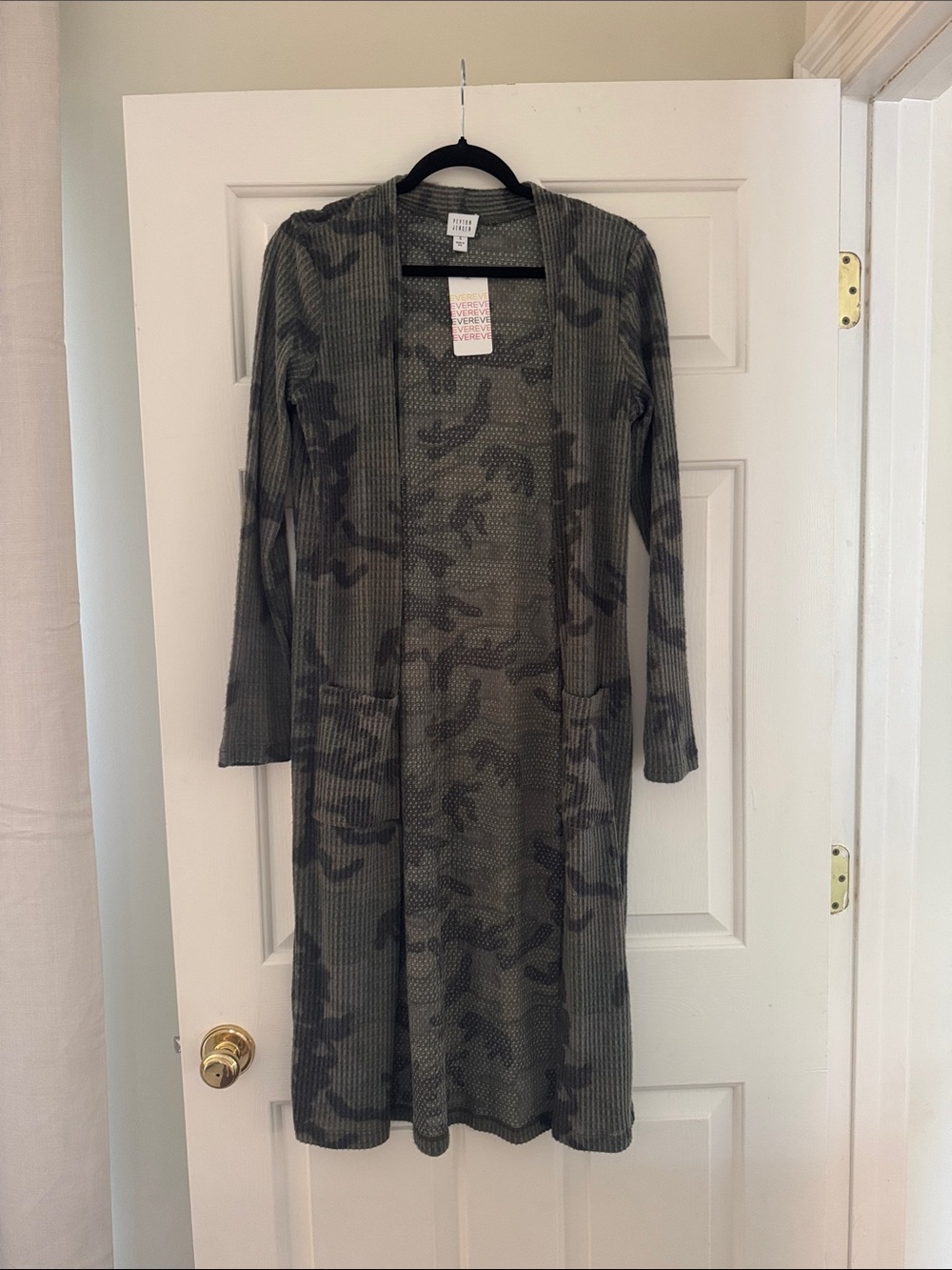 Long Ribbed Camouflage Open Cardigan - Olive Green